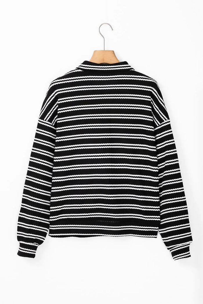 Black Stripe Textured Quarter Zip Collar Long Sleeve Top - Tops/Long Tops