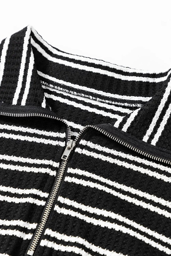 Black Stripe Textured Quarter Zip Collar Long Sleeve Top - Tops/Long Tops