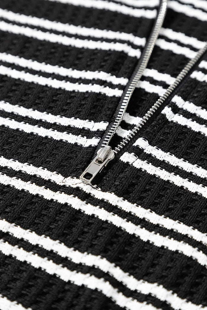 Black Stripe Textured Quarter Zip Collar Long Sleeve Top - Tops/Long Tops