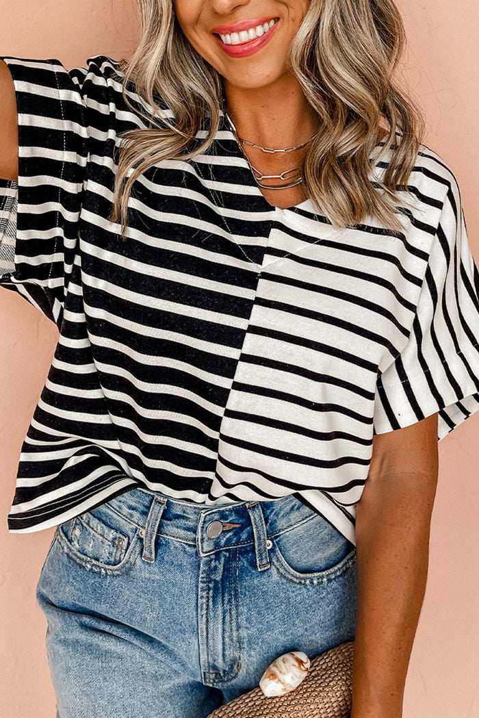 Black Stripe Two Tone Colourblock V Neck T Shirt - S / 95% Cotton + 5% Elastane - Tops/Tops & Tees