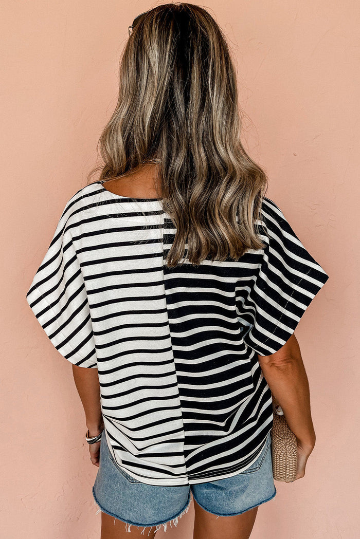 Black Stripe Two Tone Colourblock V Neck T Shirt - Tops/Tops & Tees