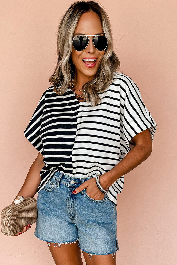 Black Stripe Two Tone Colourblock V Neck T Shirt - Tops/Tops & Tees