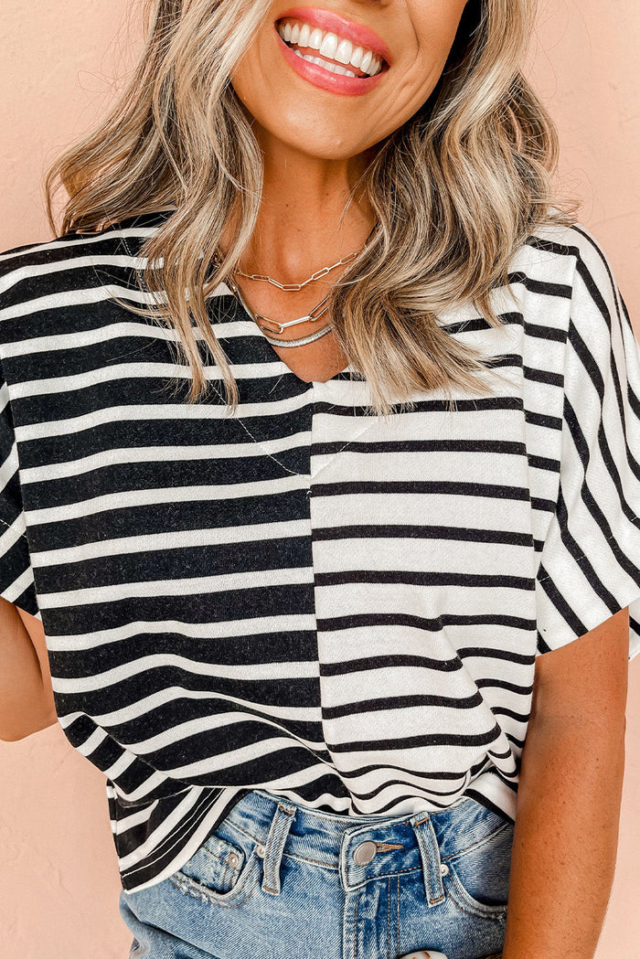 Black Stripe Two Tone Colourblock V Neck T Shirt - Tops/Tops & Tees
