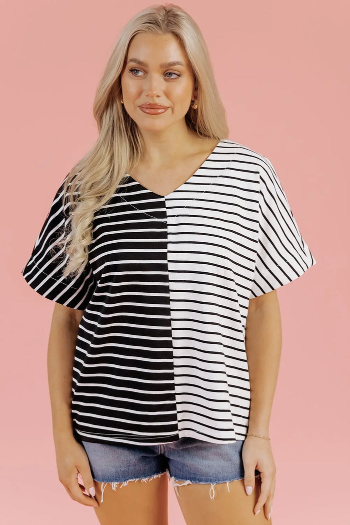 Black Stripe Two Tone Colourblock V Neck T Shirt - Tops/Tops & Tees