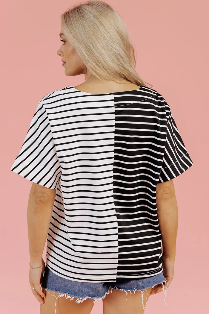 Black Stripe Two Tone Colourblock V Neck T Shirt - Tops/Tops & Tees