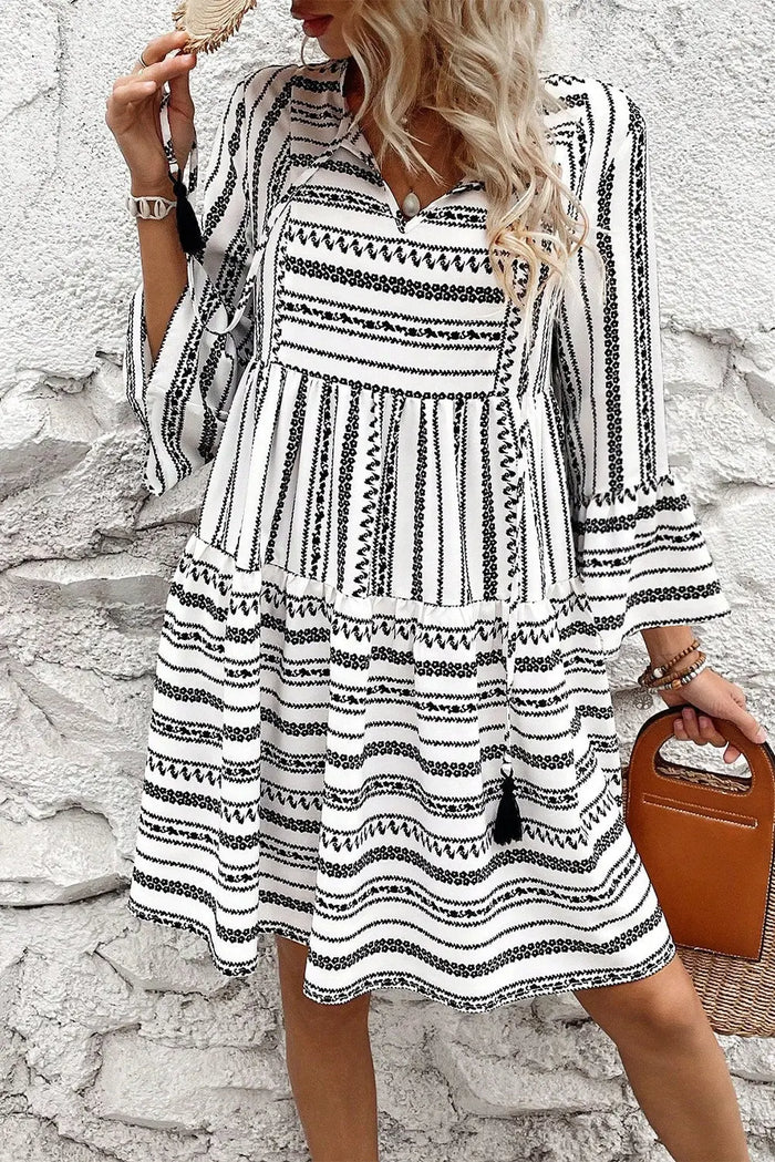 Black Stripe V Neck Bell Sleeve High Waist Mini Dress - S / 100% Polyester - Dresses/Mini Dresses