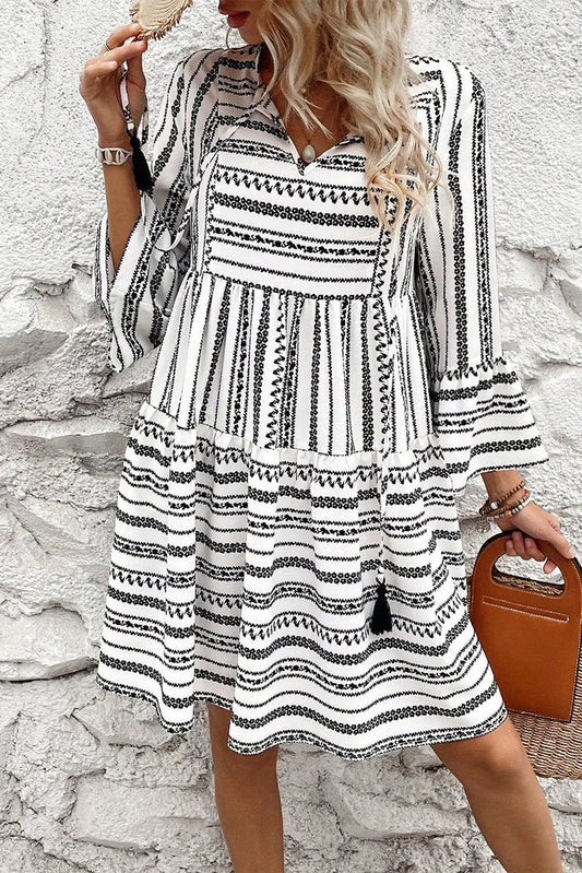 Black Stripe V Neck Bell Sleeve High Waist Mini Dress - S / 100% Polyester - Dresses/Mini Dresses
