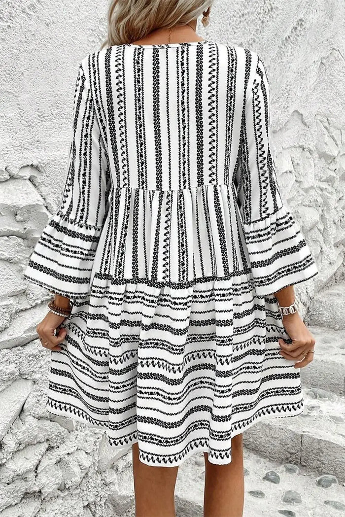 Black Stripe V Neck Bell Sleeve High Waist Mini Dress - Dresses/Mini Dresses