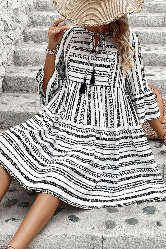 Black Stripe V Neck Bell Sleeve High Waist Mini Dress - Dresses/Mini Dresses