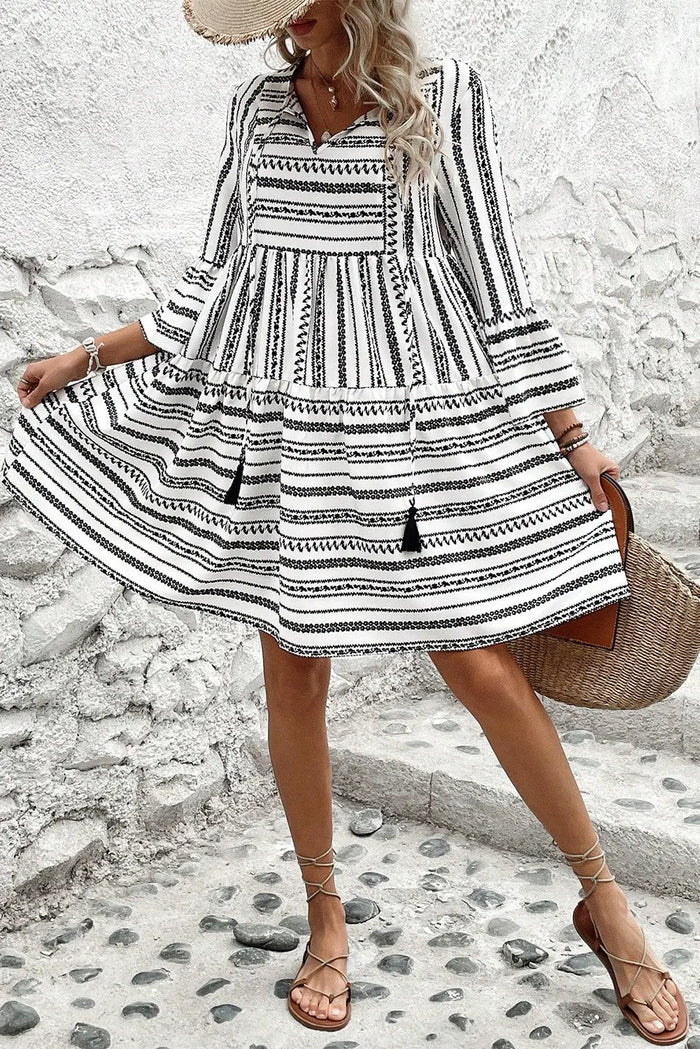 Black Stripe V Neck Bell Sleeve High Waist Mini Dress - Dresses/Mini Dresses