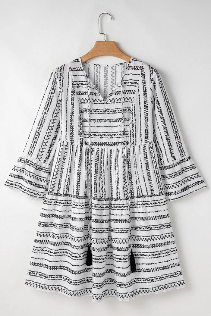 Black Stripe V Neck Bell Sleeve High Waist Mini Dress - Dresses/Mini Dresses