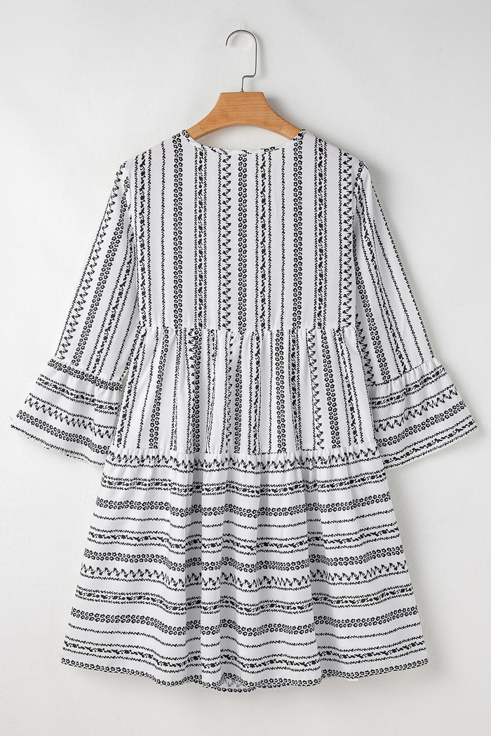 Black Stripe V Neck Bell Sleeve High Waist Mini Dress - Dresses/Mini Dresses