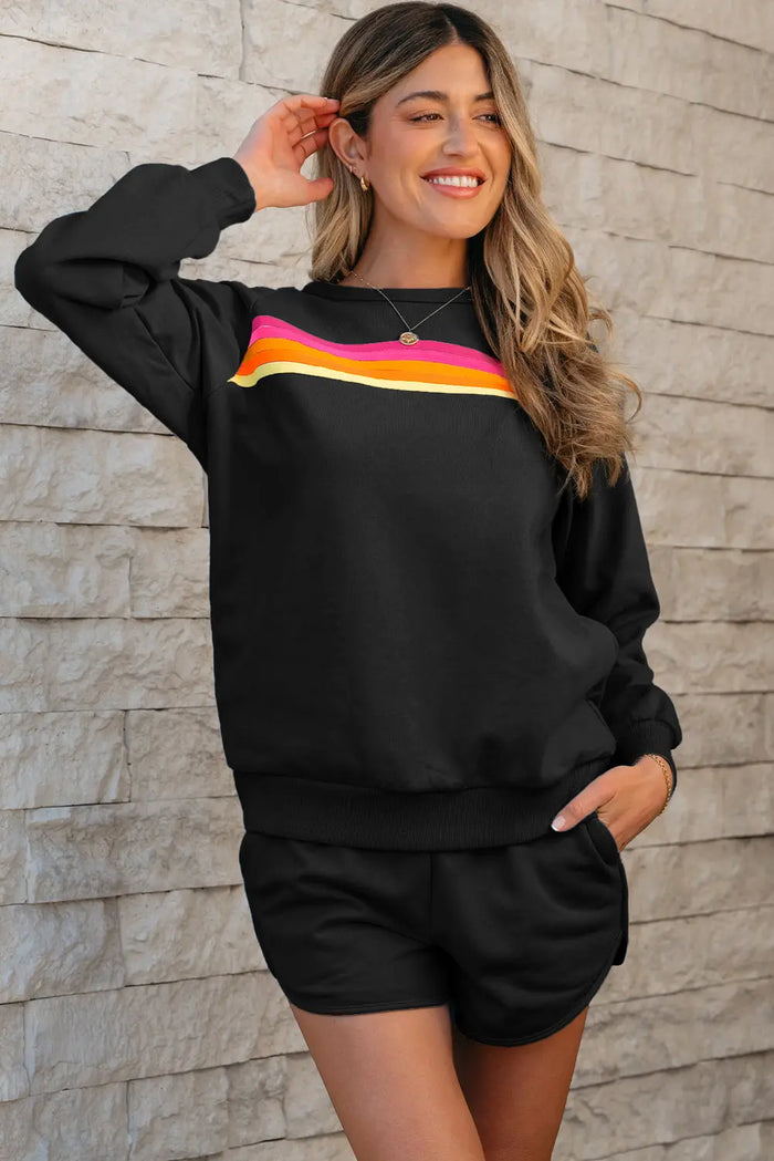 Black Striped Accent Pullover and Shorts Two Piece Casual Set - BLACK / S / 50% POLYESTER + 50% COTTON - Sets/Short Sets