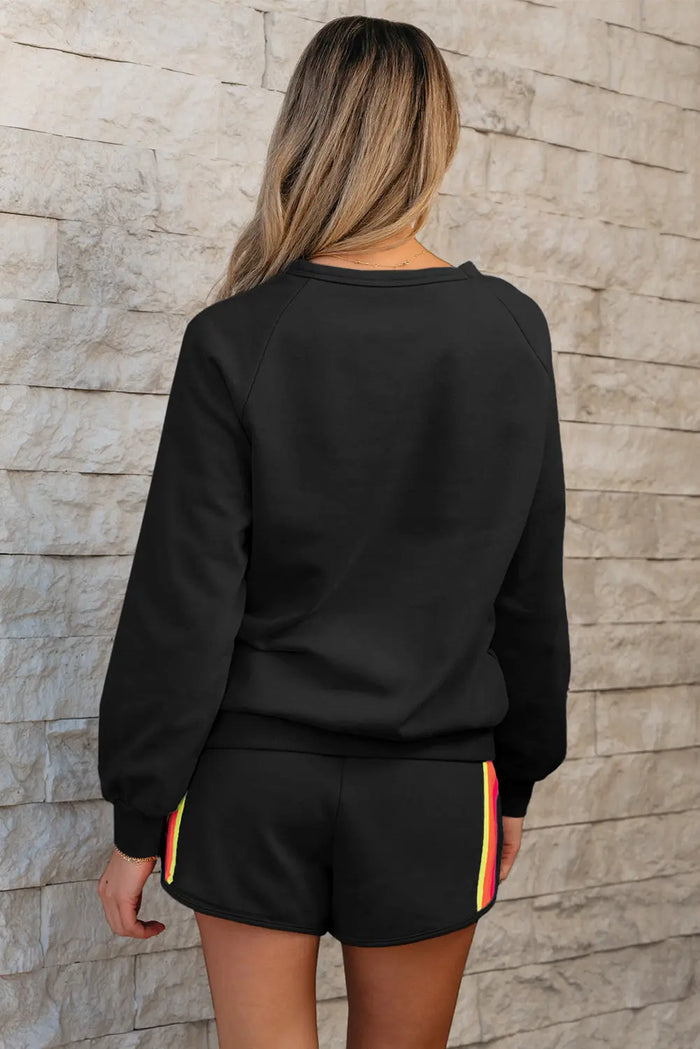 Black Striped Accent Pullover and Shorts Two Piece Casual Set - Sets/Short Sets