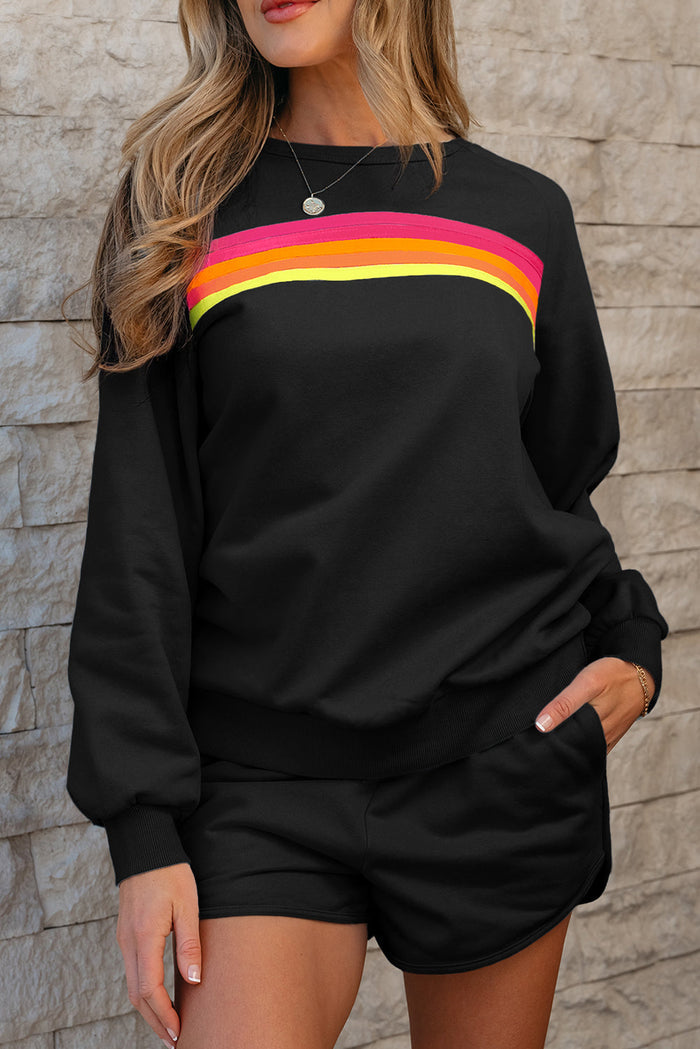 Black Striped Accent Pullover and Shorts Two Piece Casual Set - Sets/Short Sets
