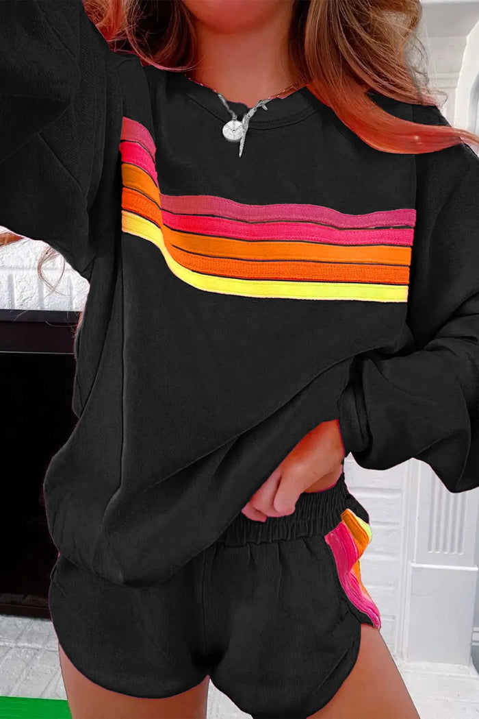 Black Striped Accent Pullover and Shorts Two Piece Casual Set - Sets/Short Sets
