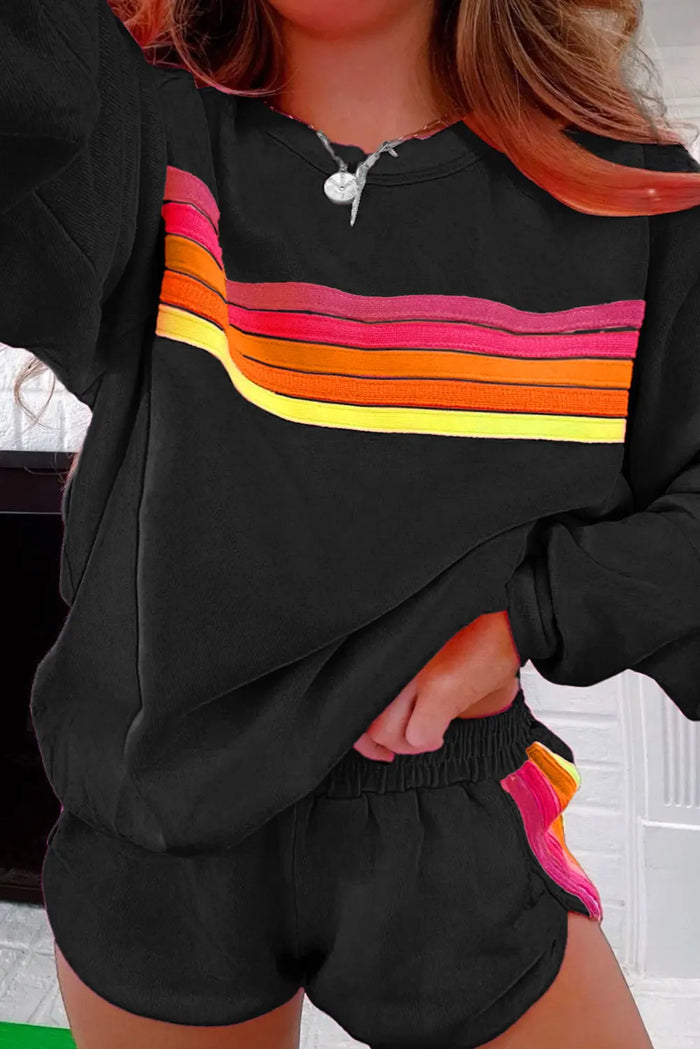 Black Striped Accent Pullover and Shorts Two Piece Casual Set - Sets/Short Sets