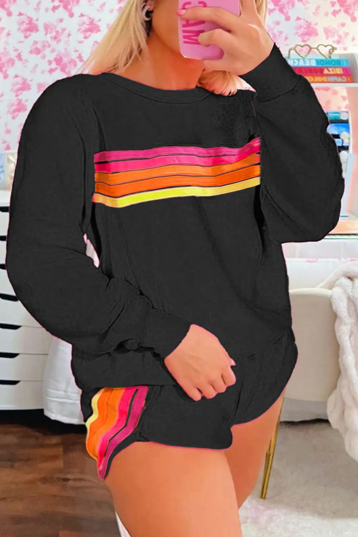 Black Striped Accent Pullover and Shorts Two Piece Casual Set - Sets/Short Sets