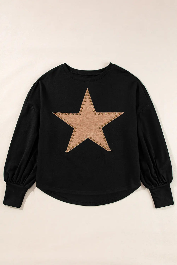 Shop Black Studded Star Graphic Oversized Long Sleeve Top at eAura