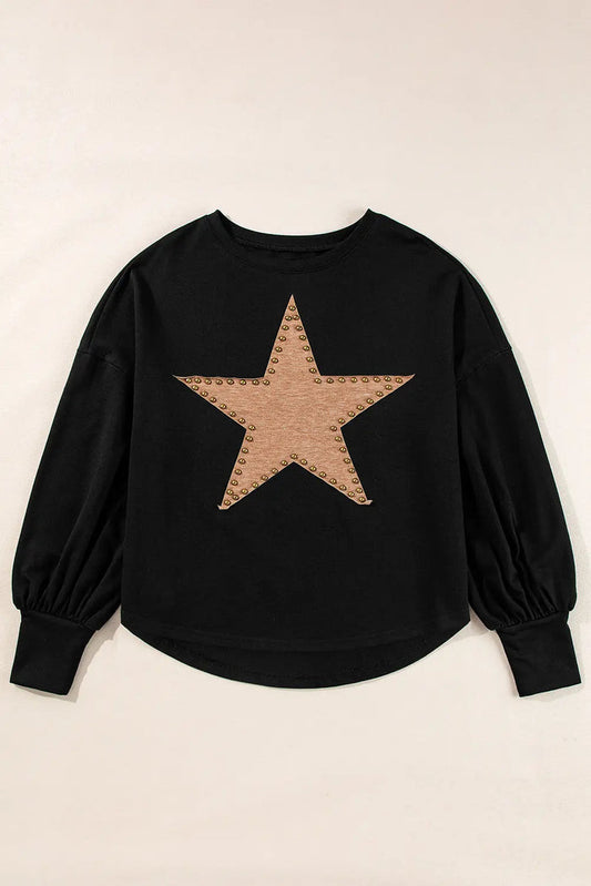 Shop Black Studded Star Graphic Oversized Long Sleeve Top at eAura