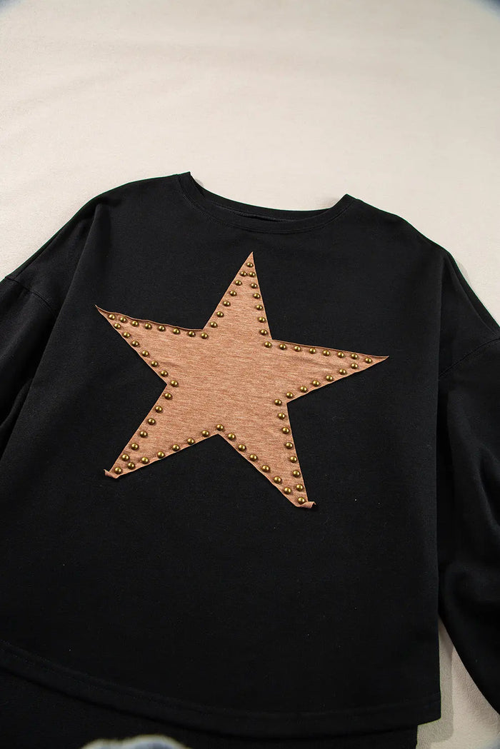 Shop Black Studded Star Graphic Oversized Long Sleeve Top at eAura