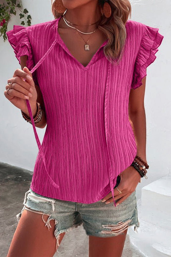 Black Textured Ruffled Sleeve V Neck Top - ROSE RED / S / 67% POLYESTER + 30% VISCOSE + 3% ELASTANE - Tops/Sleeveless