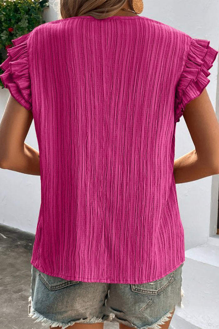 Black Textured Ruffled Sleeve V Neck Top - Tops/Sleeveless Tops