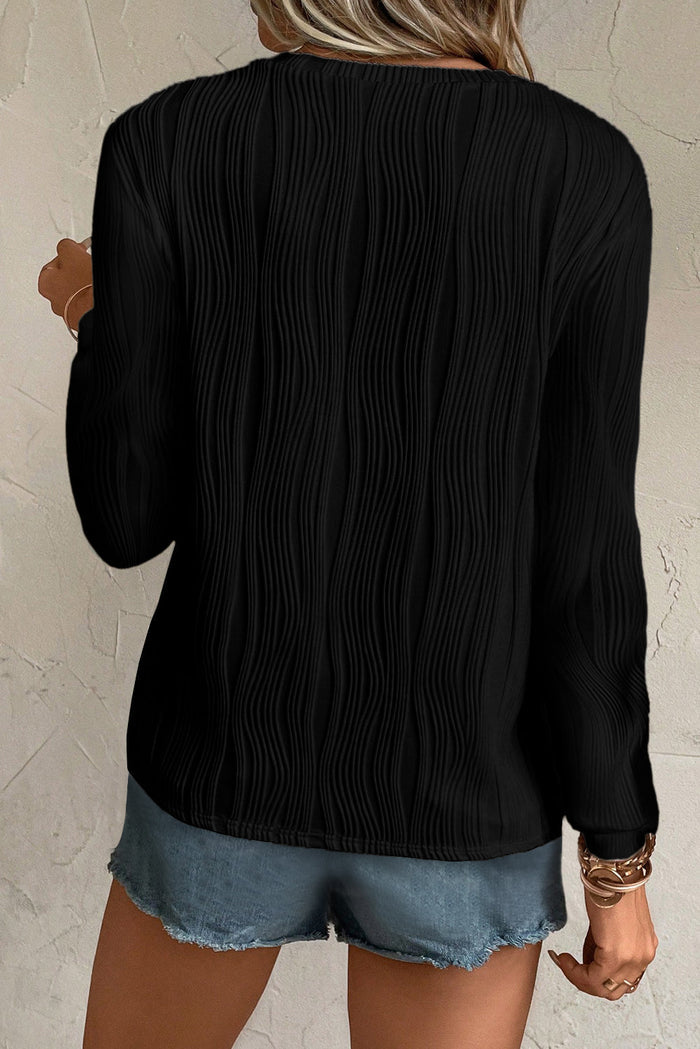 Black Textured Wavy Round Neck Long Sleeve Top - Tops/Long Tops