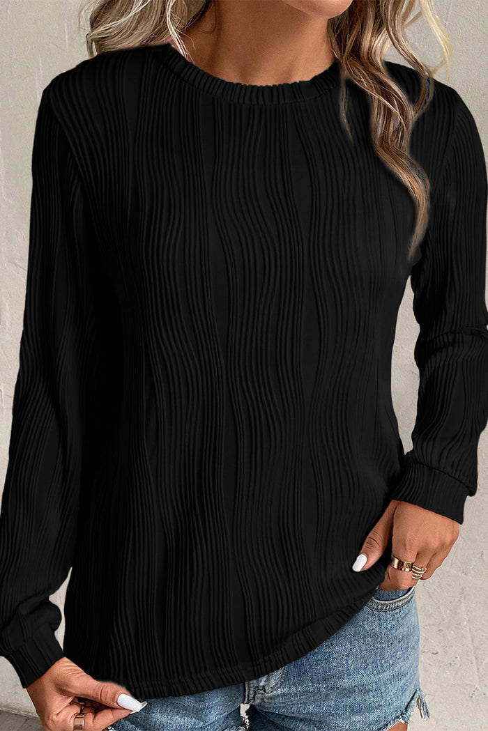 Black Textured Wavy Round Neck Long Sleeve Top - Tops/Long Tops