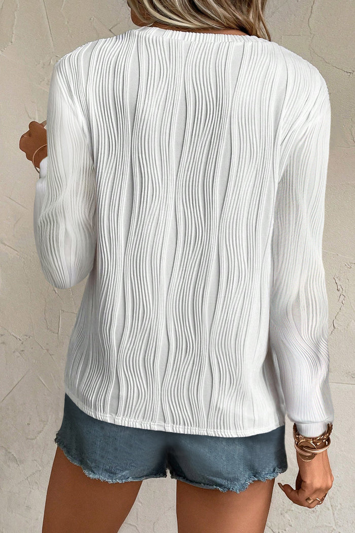 Black Textured Wavy Round Neck Long Sleeve Top - Tops/Long Tops