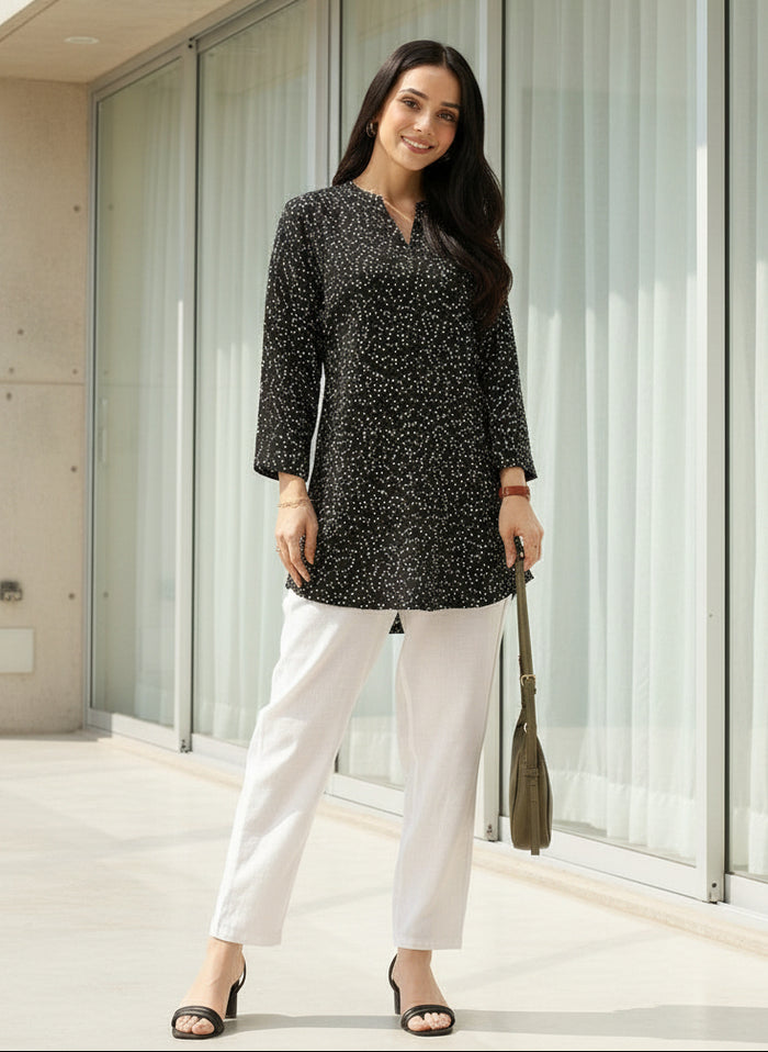 Black Viscose Rayon Mandarin Collar Printed Tunic