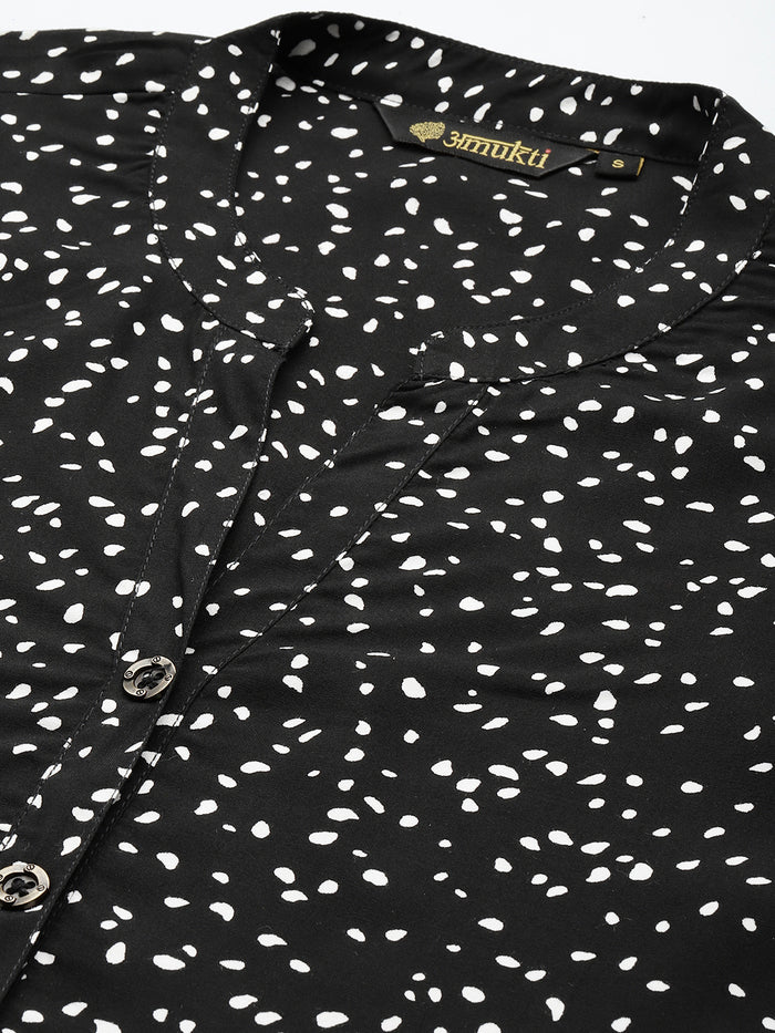 Black Viscose Rayon Mandarin Collar Printed Tunic