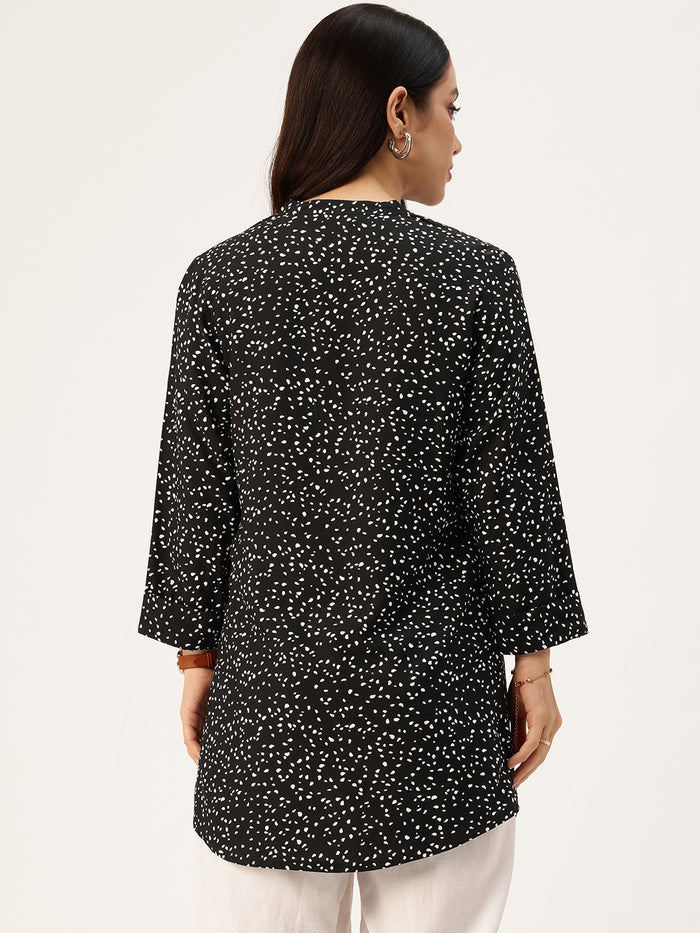 Black Viscose Rayon Mandarin Collar Printed Tunic