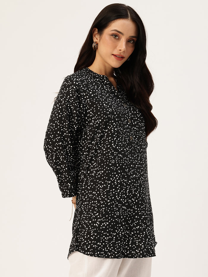 Black Viscose Rayon Mandarin Collar Printed Tunic