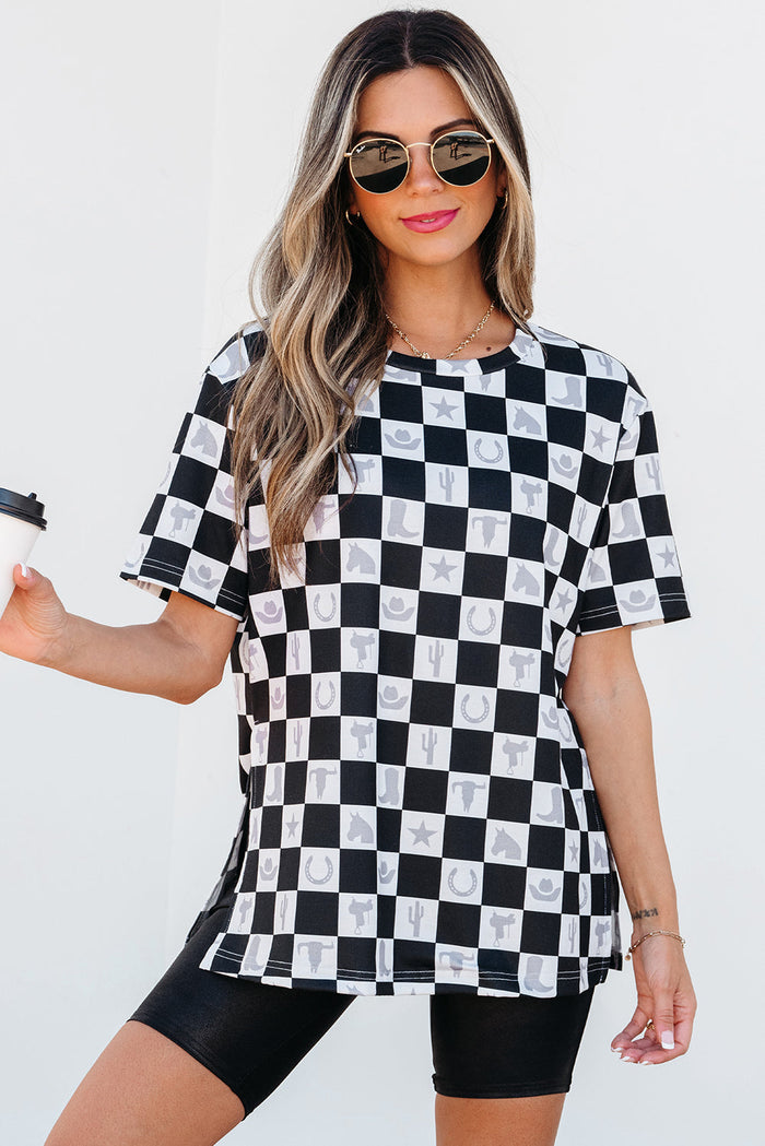 Black Western Fashion Checkerboard Print Side Split T Shirt - S / 95% Polyester + 5% Elastane - Tops/Tops & Tees