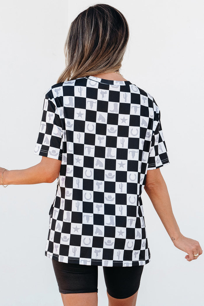 Black Western Fashion Checkerboard Print Side Split T Shirt - Tops/Tops & Tees