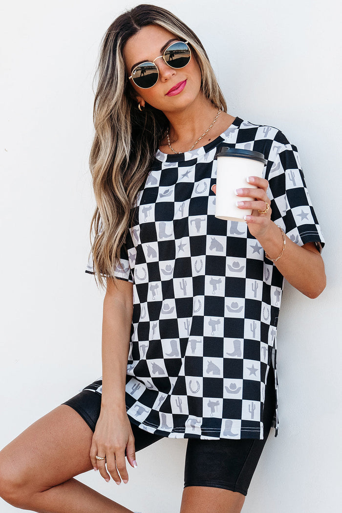 Black Western Fashion Checkerboard Print Side Split T Shirt - Tops/Tops & Tees