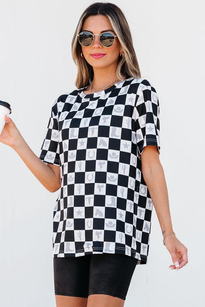 Black Western Fashion Checkerboard Print Side Split T Shirt - Tops/Tops & Tees