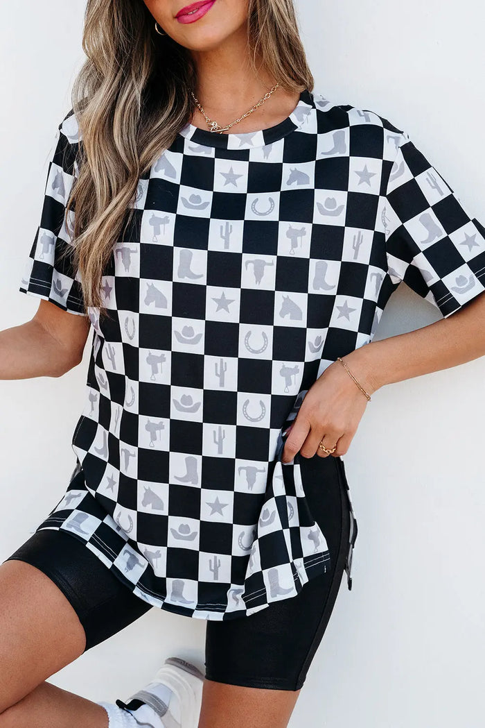 Black Western Fashion Checkerboard Print Side Split T Shirt - Tops/Tops & Tees
