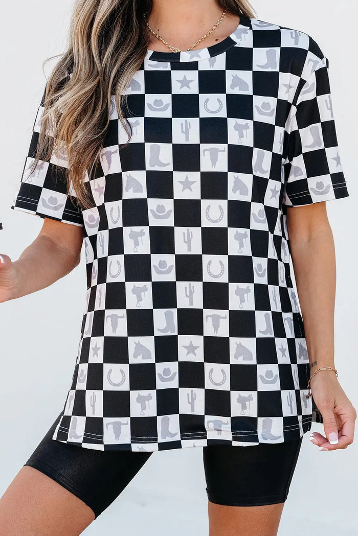 Black Western Fashion Checkerboard Print Side Split T Shirt - Tops/Tops & Tees