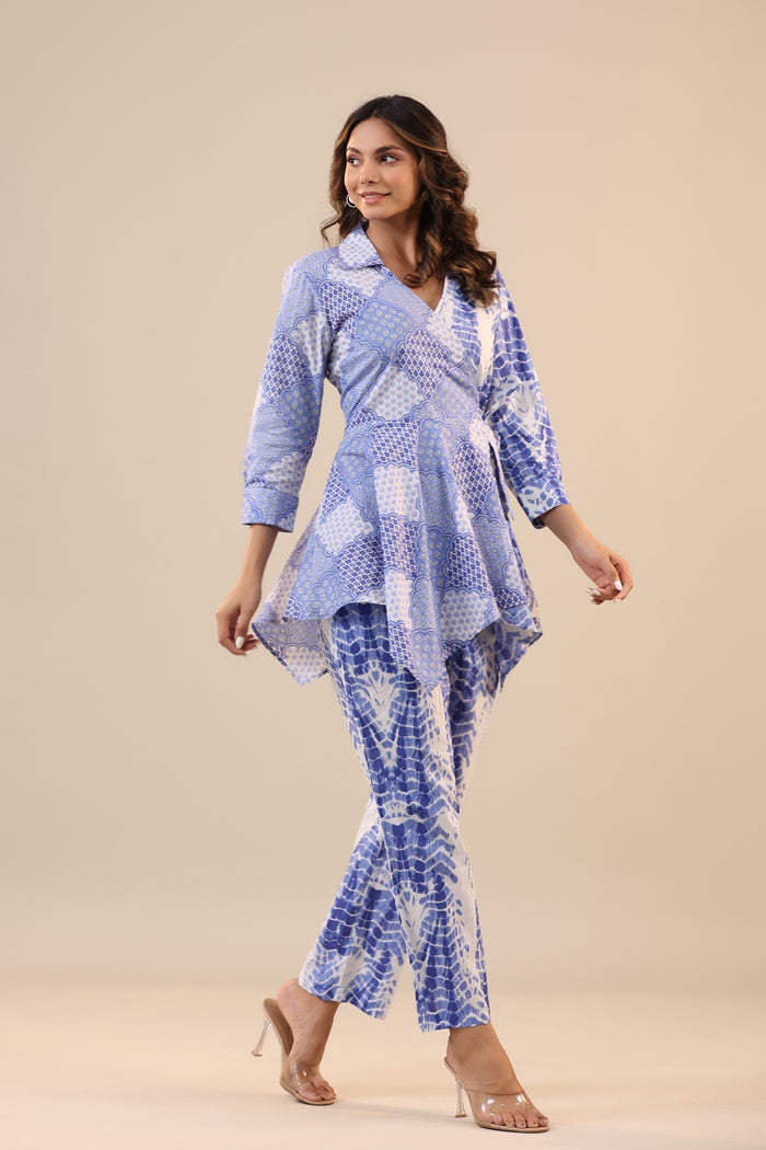 Blue Abstract Shibori Knot Cotton Co-ord Set