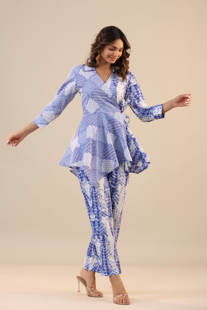 Blue Abstract Shibori Knot Cotton Co-ord Set