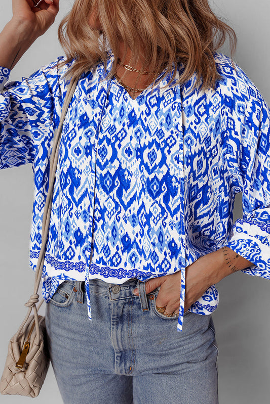 Blue Boho Printed 3/4 Sleeve Tied Neck Blouse - BLUE / S / 100% VISCOSE - Tops/Blouses & Shirts