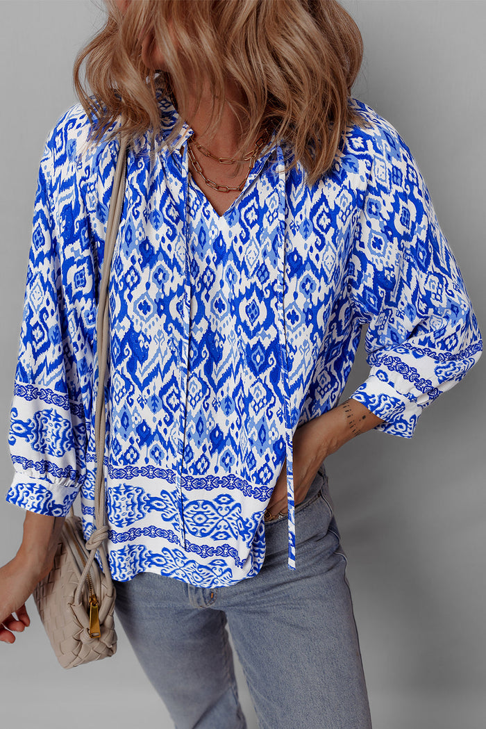 Blue Boho Printed 3/4 Sleeve Tied Neck Blouse - Tops/Blouses & Shirts