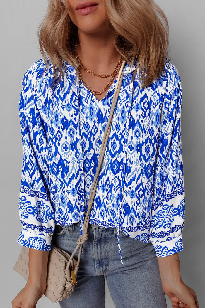 Blue Boho Printed 3/4 Sleeve Tied Neck Blouse - Tops/Blouses & Shirts