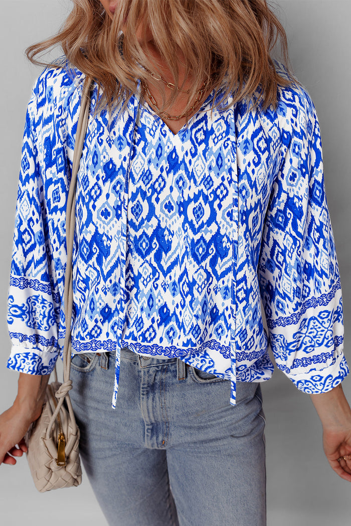 Blue Boho Printed 3/4 Sleeve Tied Neck Blouse - Tops/Blouses & Shirts