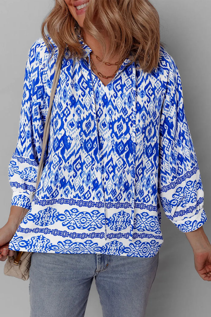 Blue Boho Printed 3/4 Sleeve Tied Neck Blouse - Tops/Blouses & Shirts