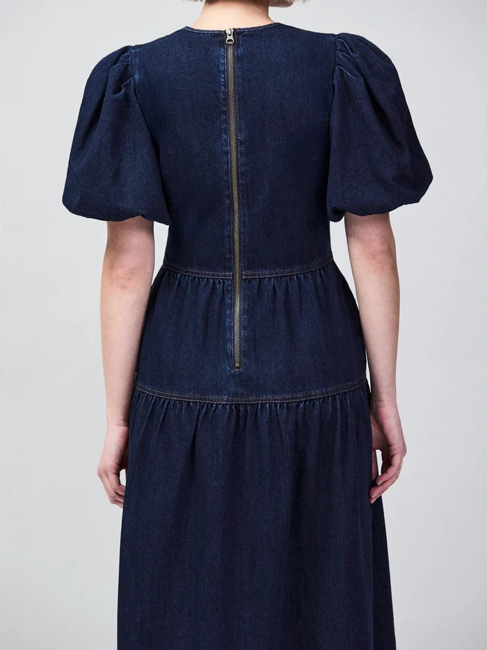 Blue Denim Puff Sleeve Midi Dress