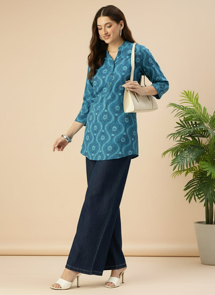 Blue Ethnic Printed Mandarin Collar Tunic, Short Kurta, Short Top, Blue Short Kurta, Ethnic Short Kurta, Printed Short Kurta