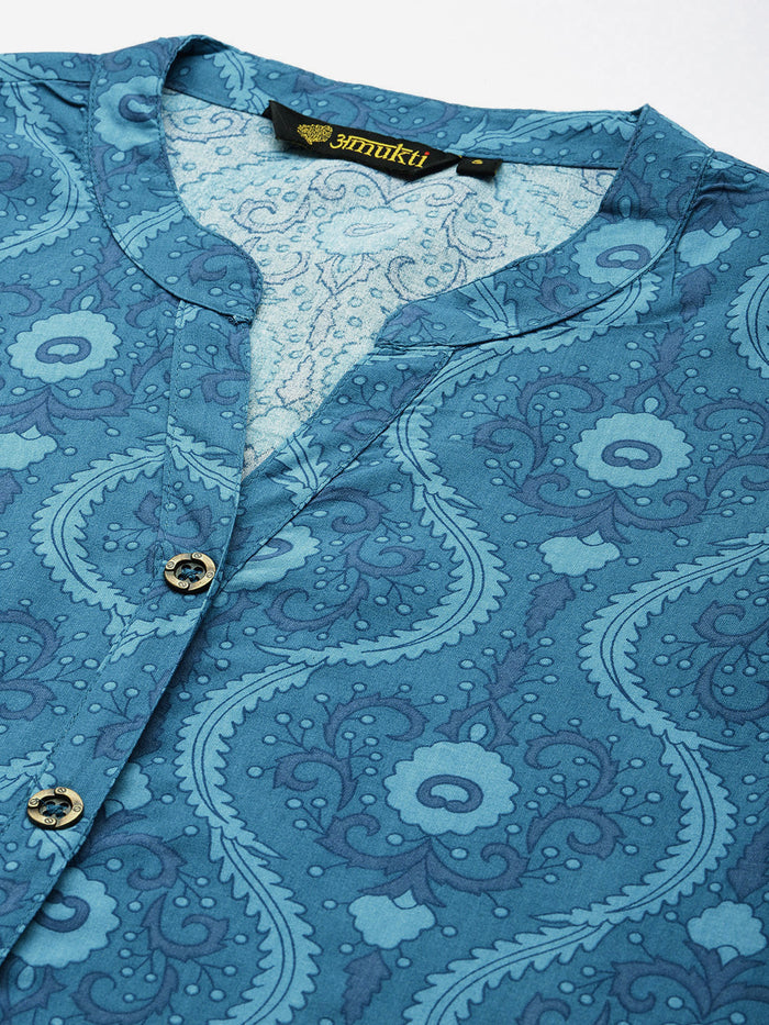 Blue Ethnic Printed Mandarin Collar Tunic, Short Kurta, Short Top, Blue Short Kurta, Ethnic Short Kurta, Printed Short Kurta